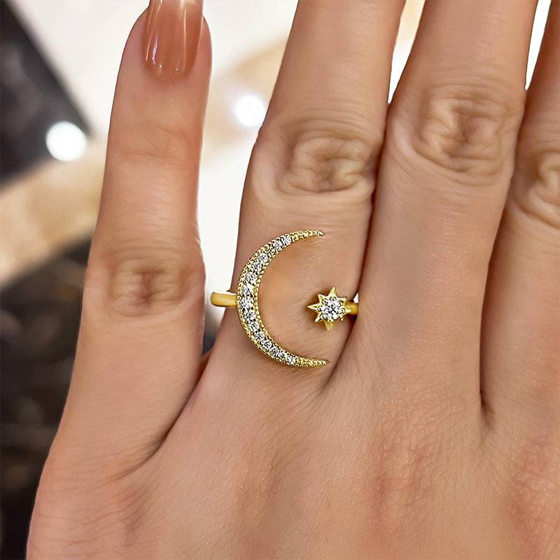 Anillo de media luna y estrella - Diamantes simulados de 0,3 ct, plata 925