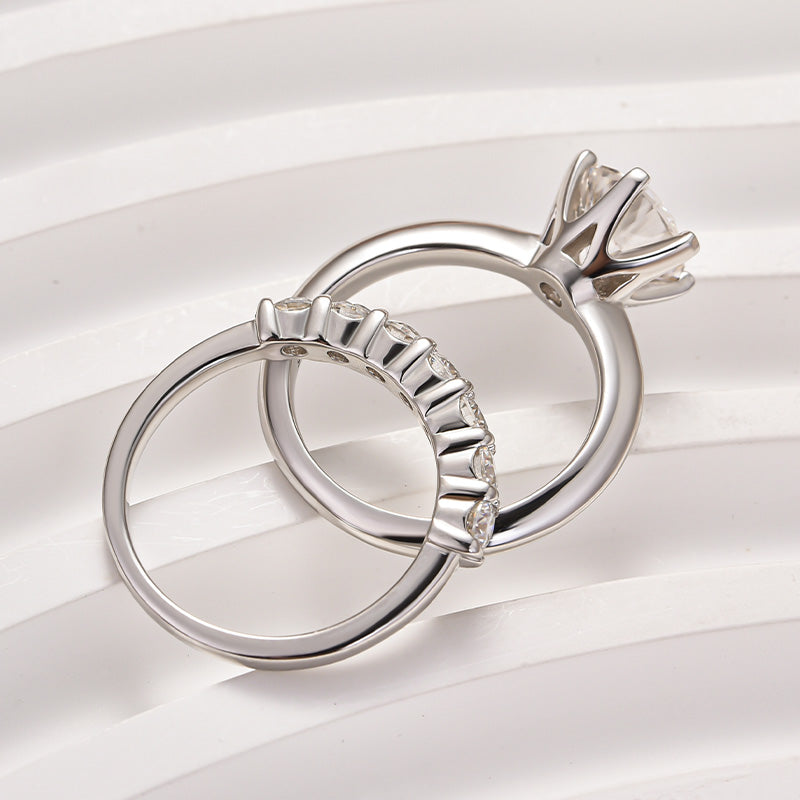 925 Silver 18K White Gold 2Ct Round Moissanite Wedding Set
