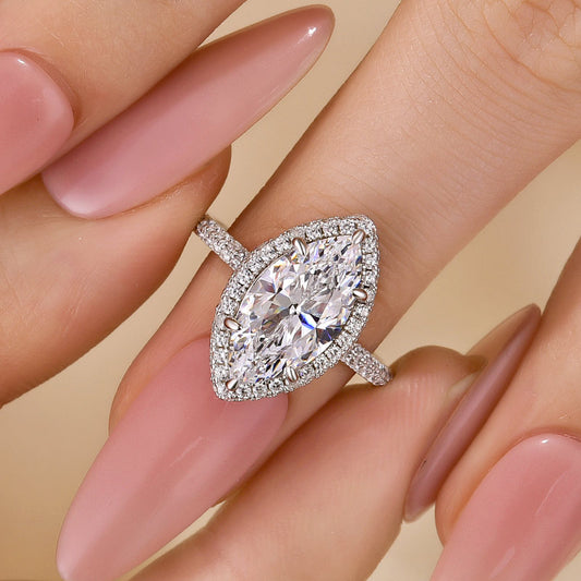 3Ct Marquise Halo Engagement Ring - 18K White Gold Plated