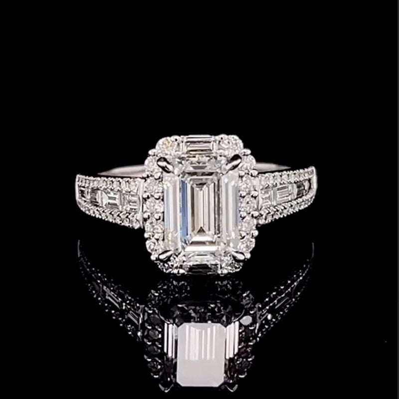 2.5Ct Emerald Cut Diamond Ring - White Gold Halo Setting
