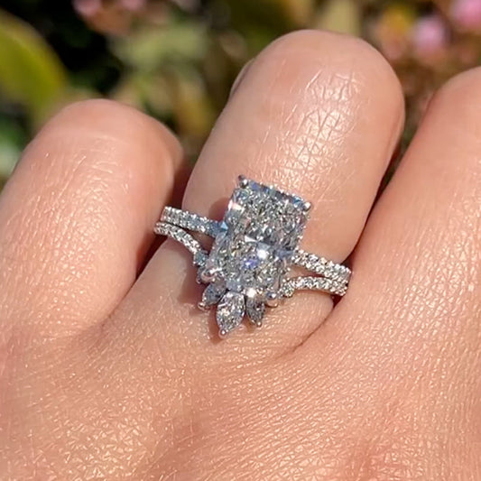 45CT Radiant Cut Diamond Wedding Set Crown Shaped Engagement Ring