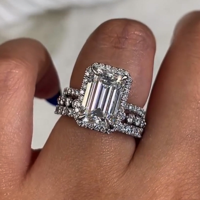2.5Ct Emerald Cut 3-Piece Ring Set Platinum Plated