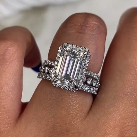 2.5Ct Emerald Cut 3-Piece Ring Set Platinum Plated