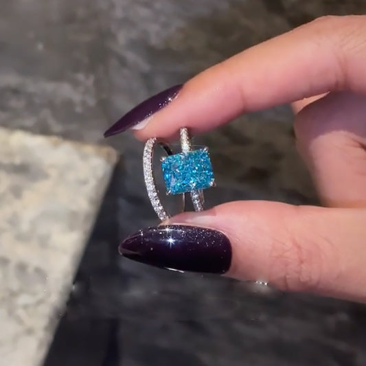 3.5Ct Radiant Cut Aqua Blue Diamond Ring