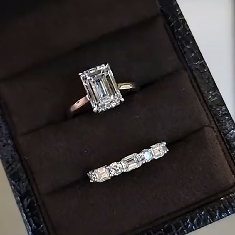 5 Carat Emerald Cut Two Tone Ring Set Platinum Plated 925 Silver