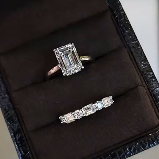 5 Carat Emerald Cut Two Tone Ring Set Platinum Plated 925 Silver