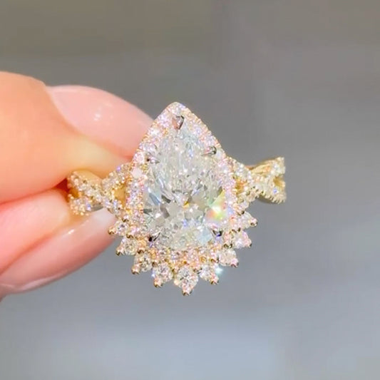 4.0CT Pear Cut Halo Diamond Ring 925 Silver Gold