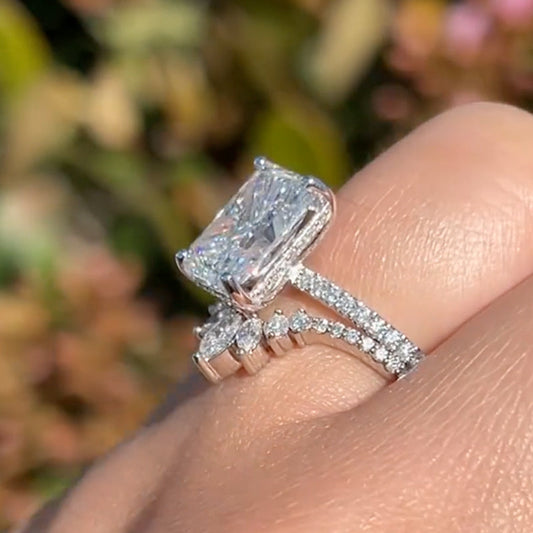45CT Radiant Cut Diamond Wedding Set Crown Shaped Engagement Ring