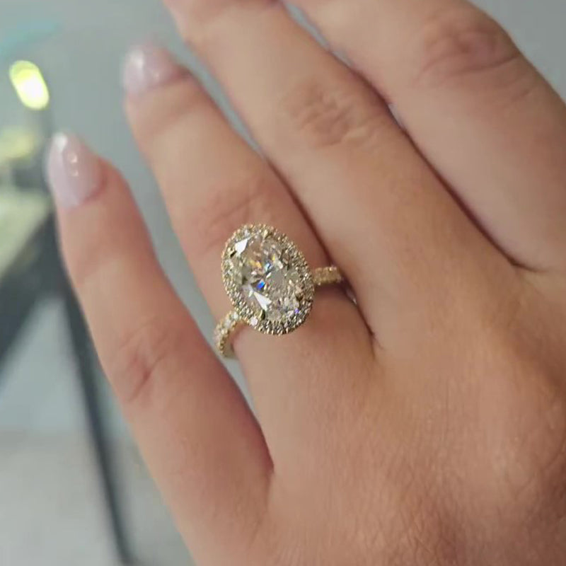 4 Carat Oval Cut Halo Engagement Ring White Gold Plated