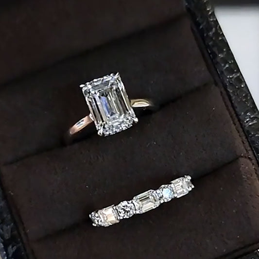 5 Carat Emerald Cut Two Tone Ring Set Platinum Plated 925 Silver