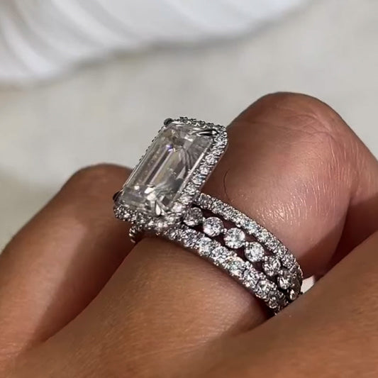 2.5Ct Emerald Cut 3-Piece Ring Set Platinum Plated