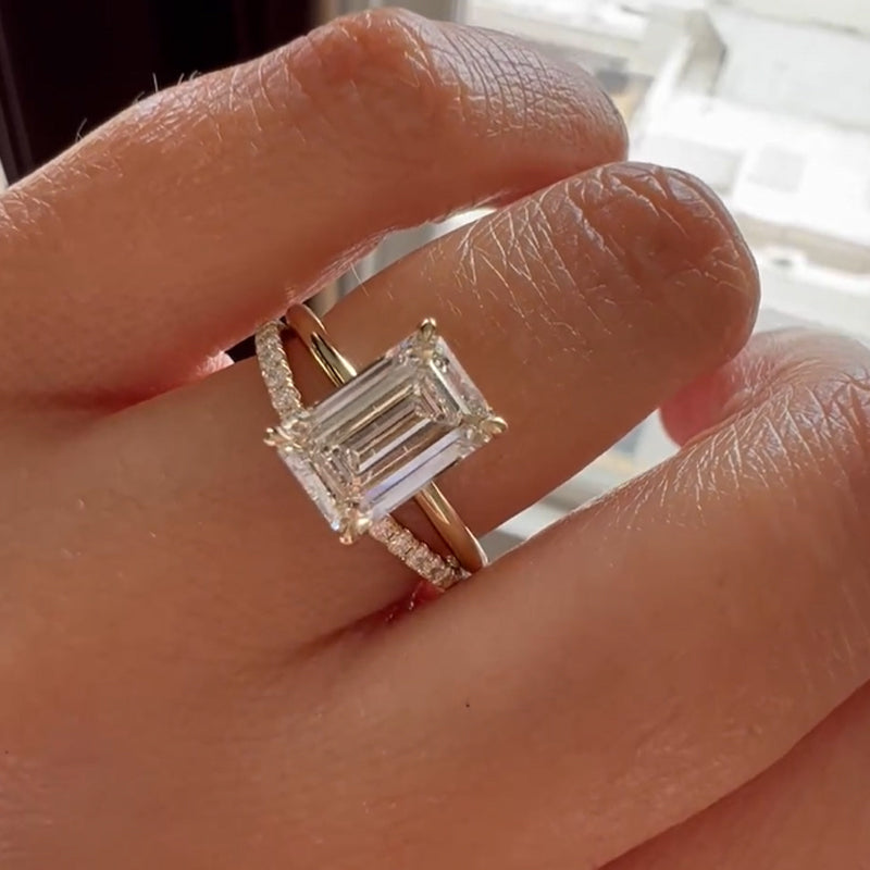 5Ct Emerald Cut Diamond Solitaire Ring in Platinum Plated 925 Silver