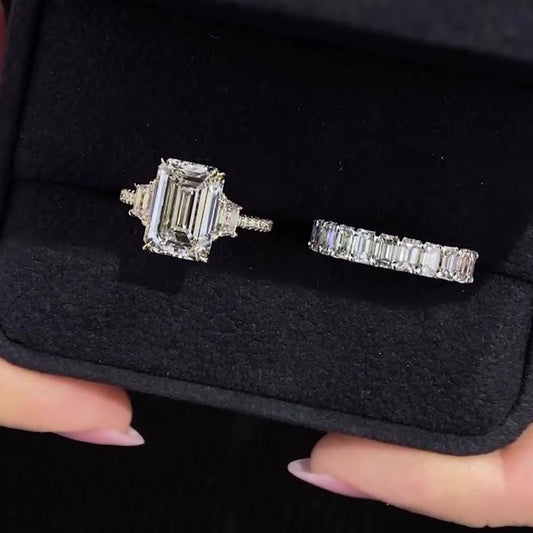 925 Sterling Silver 18K White Gold Plated 4.5 Carat Emerald Cut White Sapphire Ring