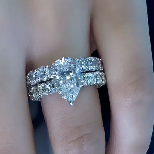 4Ct Pear Cut Diamond Ring with 5Ct Band in White Gold Plated Silver