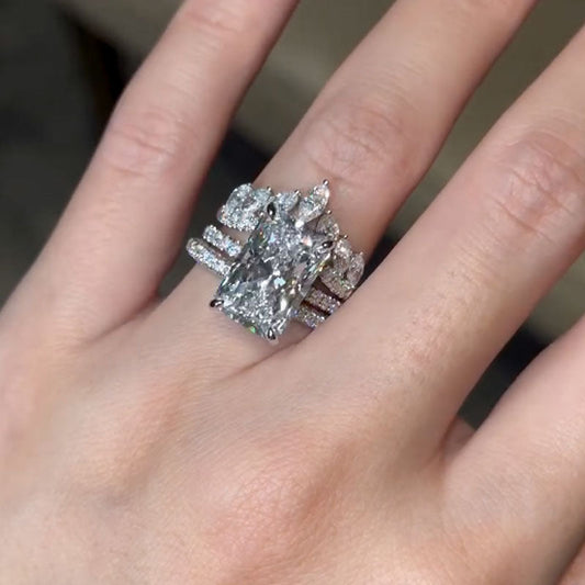 925 Sterling Silver 18K White Gold Plated 5 Carat Radiant Cut Diamond Ring Set