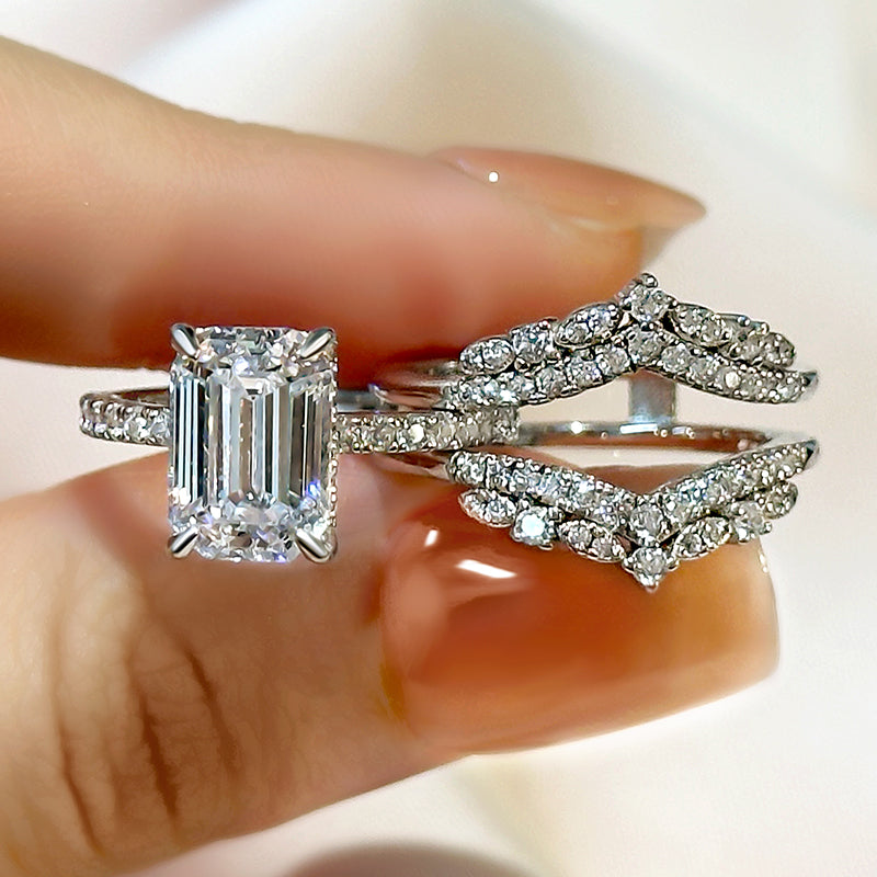 3.5Ct Emerald Cut Diamond Ring in 18K White Gold Plated Silver