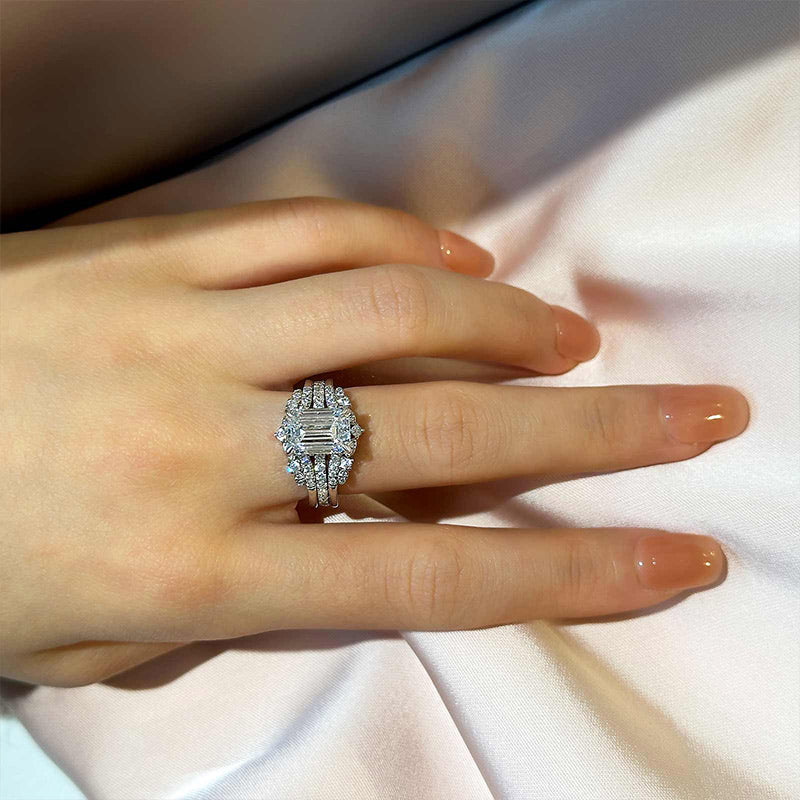 3.5Ct Emerald Cut Diamond Ring in 18K White Gold Plated Silver