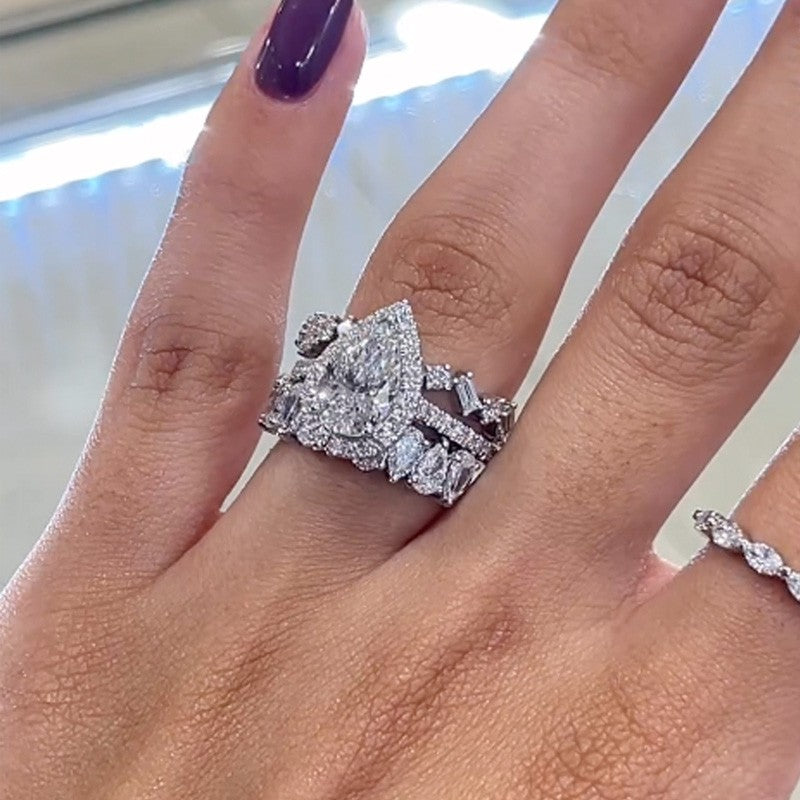 22 Carat Pear Diamond Ring Set 925 Silver 18K Gold Plated