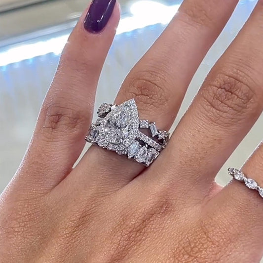 22 Carat Pear Diamond Ring Set 925 Silver 18K Gold Plated
