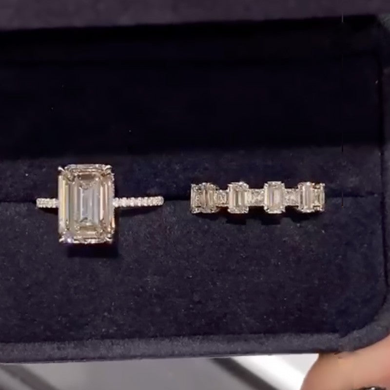 10Ct Emerald Cut Diamond Wedding Set - 18K White Gold Plated