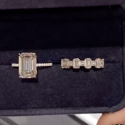 10Ct Emerald Cut Diamond Wedding Set - 18K White Gold Plated