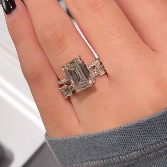10Ct Emerald Cut Diamond Wedding Set - 18K White Gold Plated