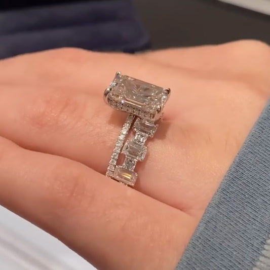 10Ct Emerald Cut Diamond Wedding Set - 18K White Gold Plated