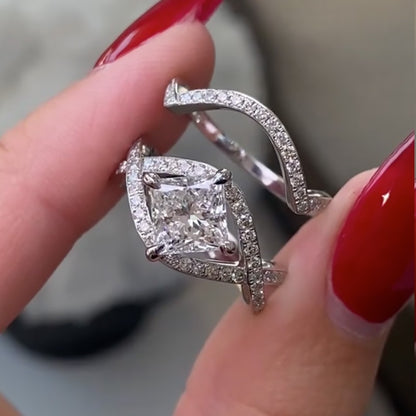 2.0Ct Princess Cut Diamond Ring Set - 18K White Gold Plated