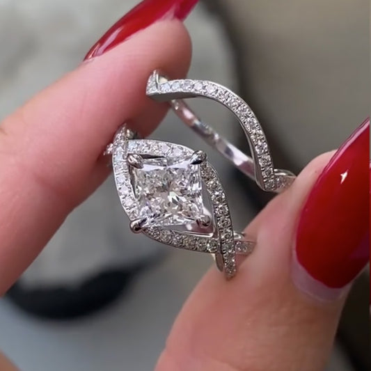 2.0Ct Princess Cut Diamond Ring Set - 18K White Gold Plated
