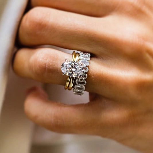 4Ct Oval & 5Ct Accent Diamond Tri-Tone Ring Set