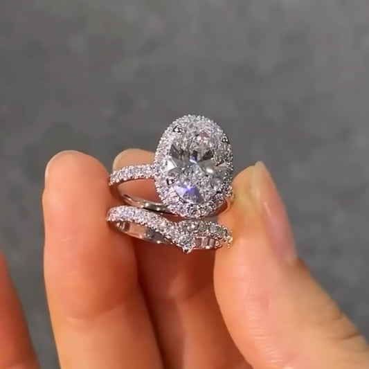 4Ct Oval Halo Diamond Ring with Curved Wedding Band