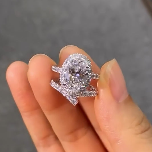 4Ct Oval Halo Diamond Ring with Curved Wedding Band