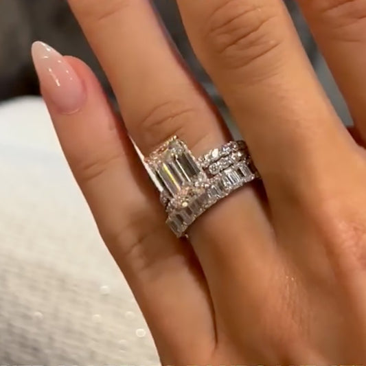 10Ct Emerald Cut Diamond 3PC Set - 18K White Gold Plated