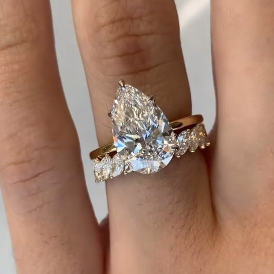 925 Sterling Silver 18K Yellow Gold Plated 4 Carat Pear Cut Wedding Ring Set