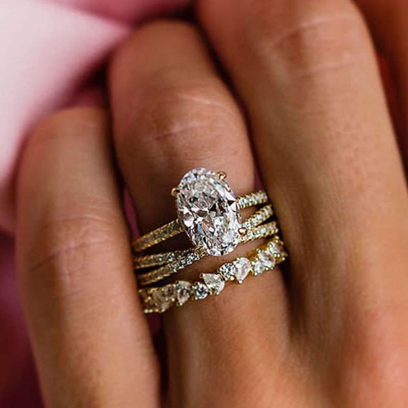 925 Sterling Silver 18K Yellow Gold Plated 4 Carat Oval Cut Diamond Ring