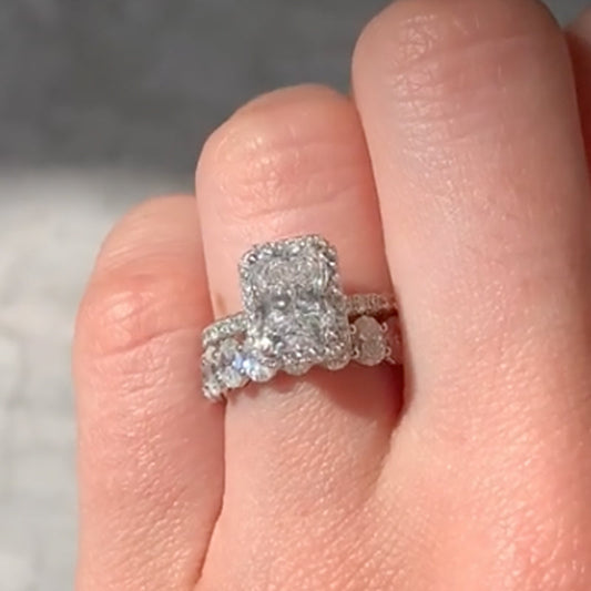 2Ct Radiant Cut Halo Ring with Oval Band 18K White Gold