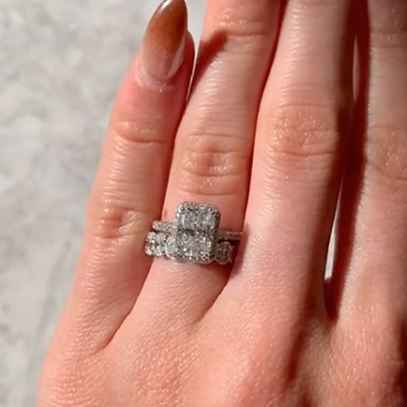 2Ct Radiant Cut Halo Ring with Oval Band 18K White Gold