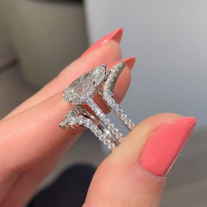 925 Sterling Silver 18K White Gold Plated 4.5 Carat Pear Cut Diamond Ring Set
