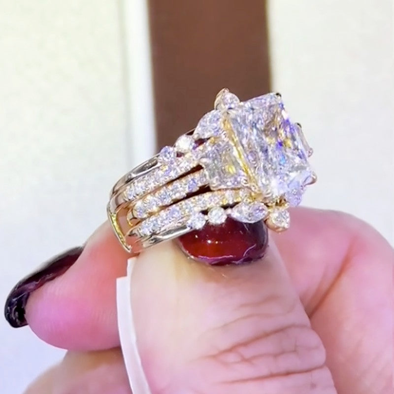 5Ct Radiant Cut Three Stone Diamond Ring Set 18K Gold Plated