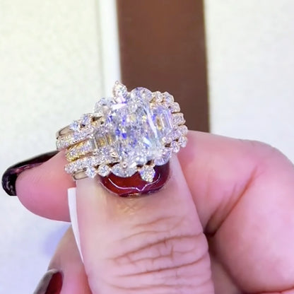 5Ct Radiant Cut Three Stone Diamond Ring Set 18K Gold Plated