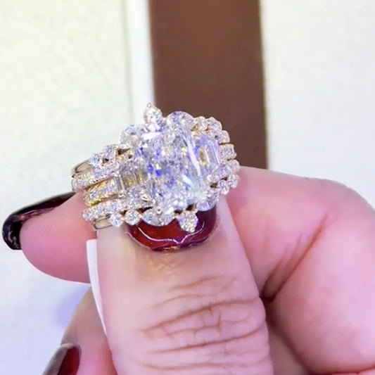 5Ct Radiant Cut Three Stone Diamond Ring Set 18K Gold Plated