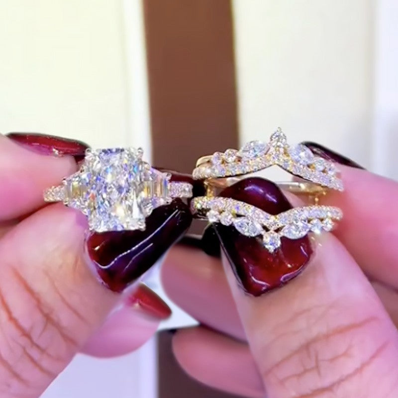 5Ct Radiant Cut Three Stone Diamond Ring Set 18K Gold Plated