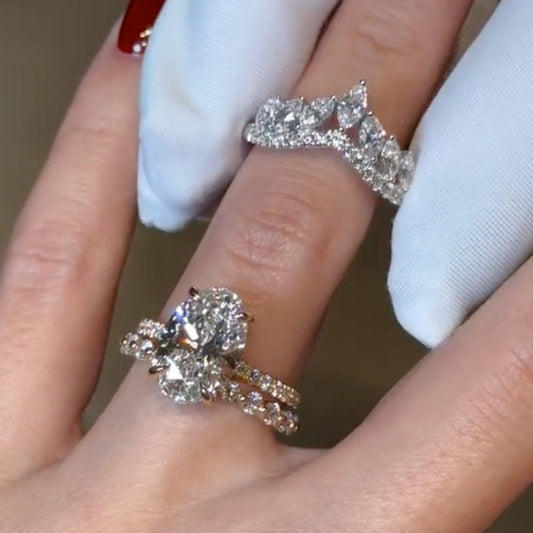 4Ct Oval Diamond Crown Ring Set Two-Tone Gold