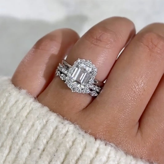 3 Carat Emerald Cut Simulated Diamond Vintage Halo Bridal Set