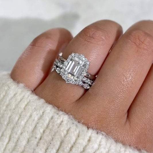 3 Carat Emerald Cut Simulated Diamond Vintage Halo Bridal Set