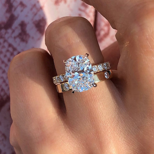 6.5Ct Elongated Cushion Cut Wedding Set - 18K Gold Wide Band