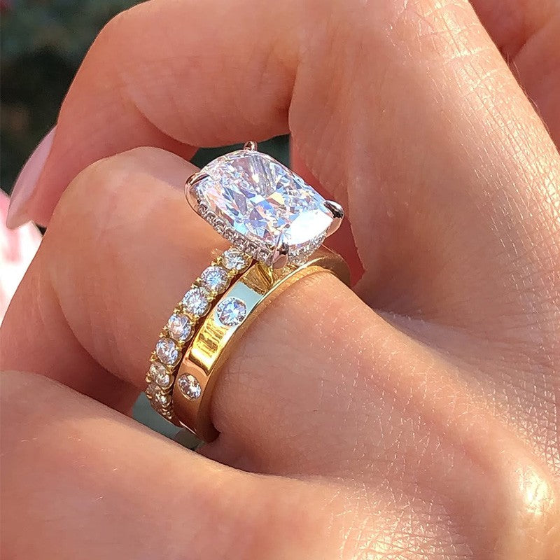 6.5Ct Elongated Cushion Cut Wedding Set - 18K Gold Wide Band