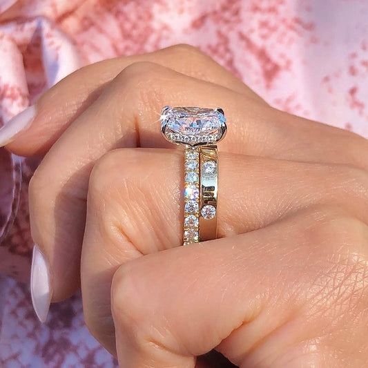 6.5Ct Elongated Cushion Cut Wedding Set - 18K Gold Wide Band
