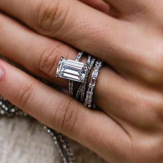 10Ct Emerald Cut Wedding Set - 3PC Criss Cross & Emerald Bands