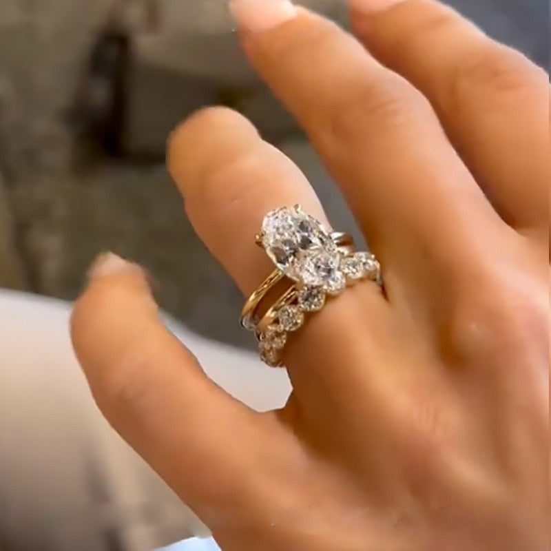 4Ct Oval Cut Diamond Ring Set - 3PC 18K Gold Plated